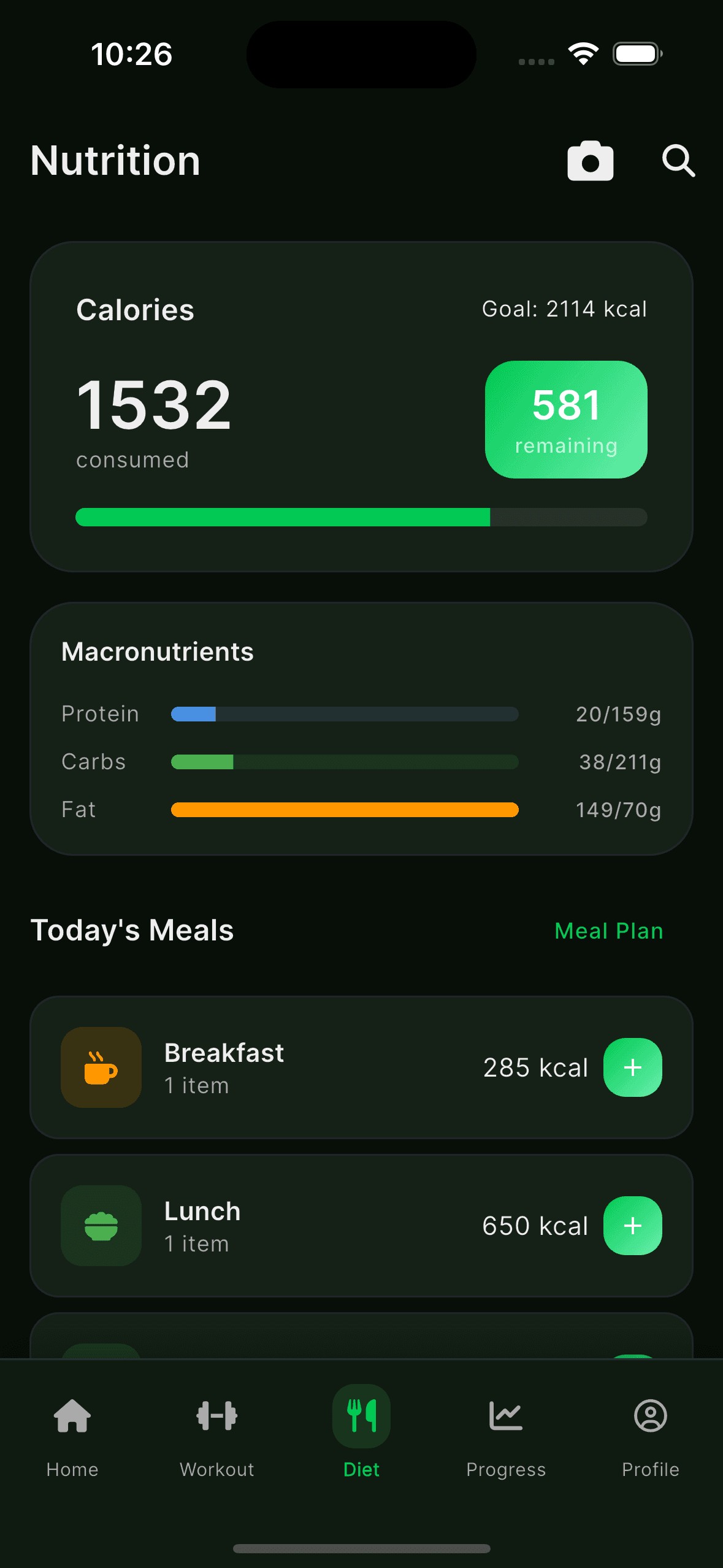 Diet screen in the N4Life app