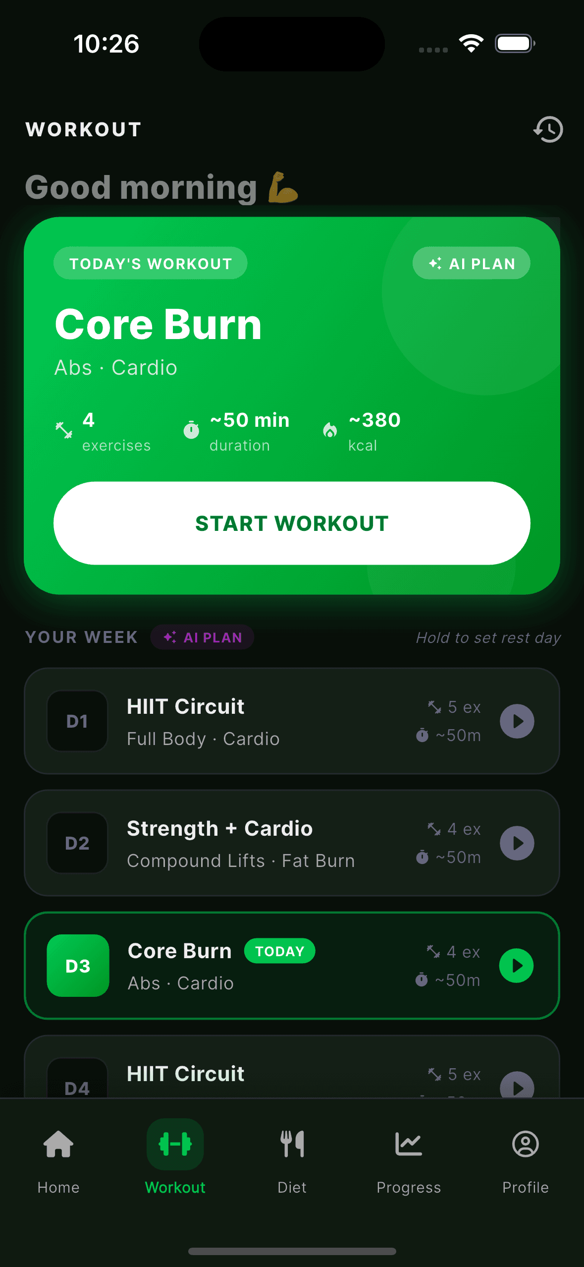 Workout screen in the N4Life app