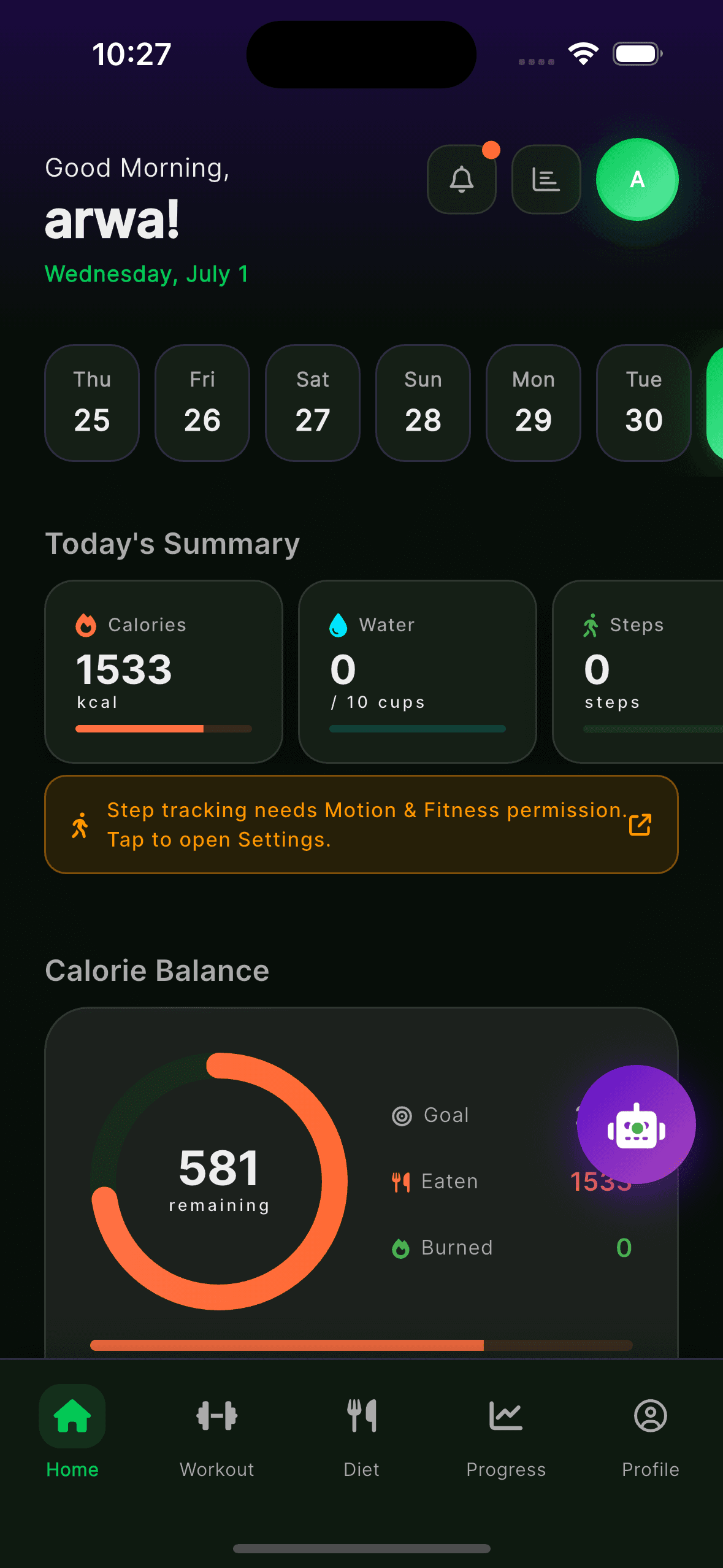 N4Life home dashboard showing calories, water, workout, and steps
